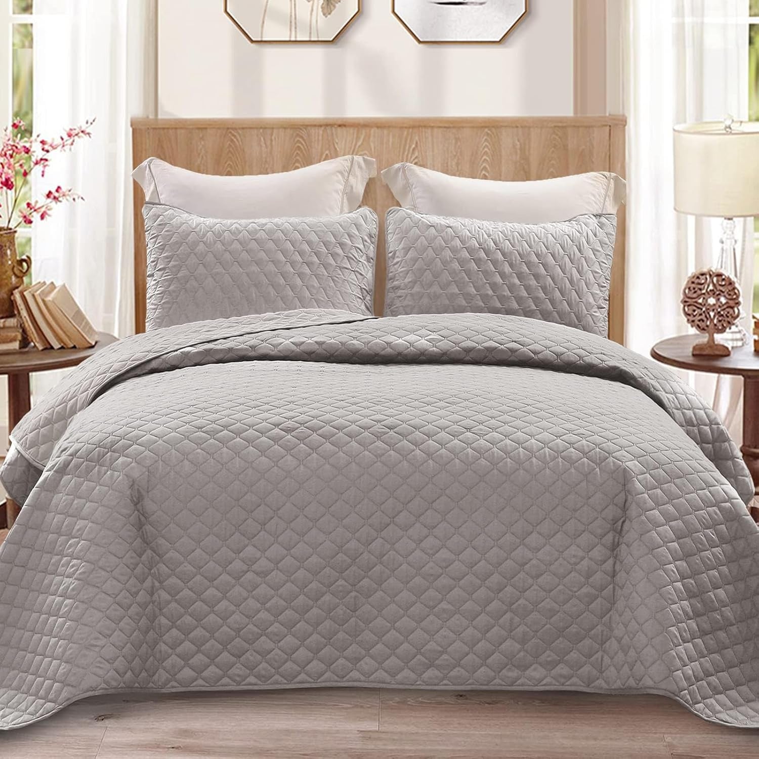 Reversible Twin Quilt Bedding Set with Pillow Sham, Lightweight Quilts Twin Size, Soft Bedspreads Bed Coverlets for All Seasons - (Light Grey, 68"X88")